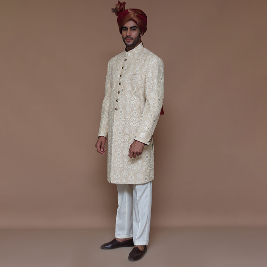 Cotton Net Cream Traditional Sherwani