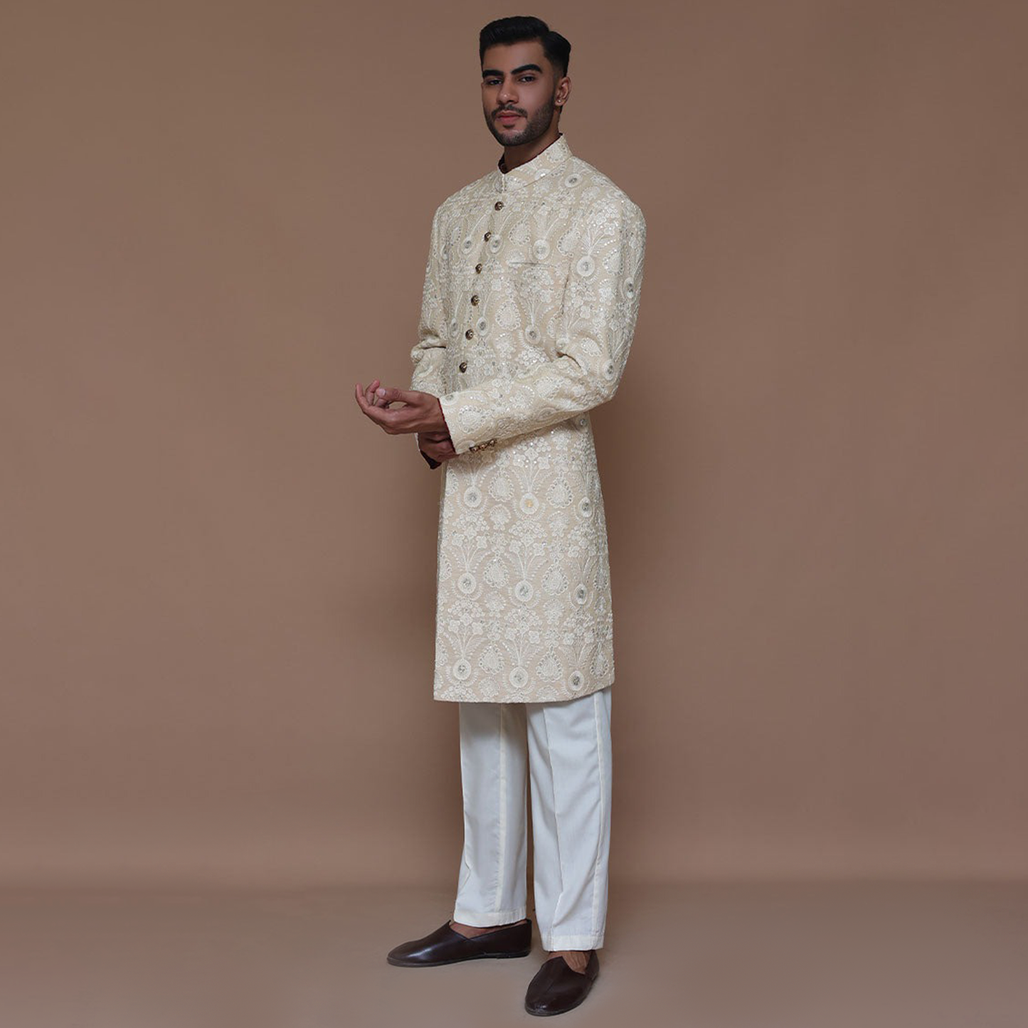 Cotton Net Cream Traditional Sherwani