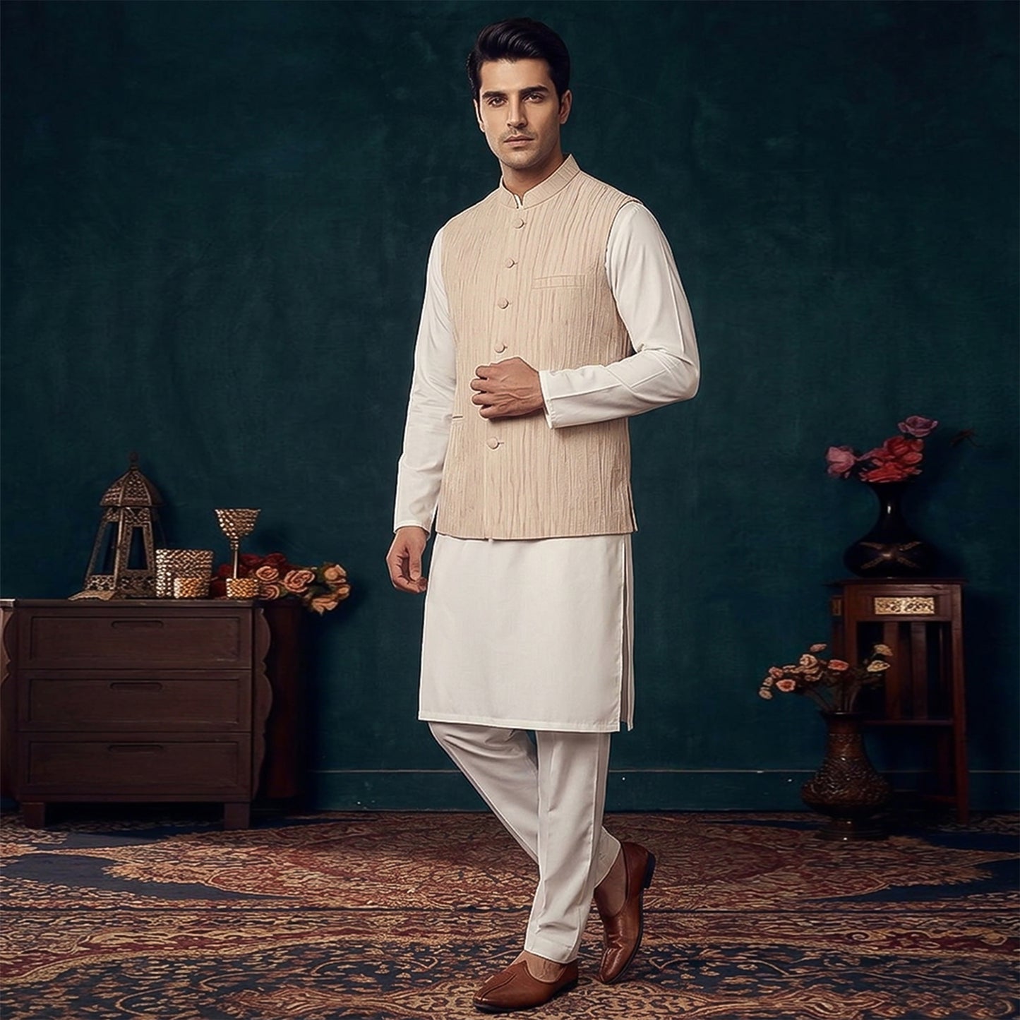 Crushed Jamawar Beige Waistcoat