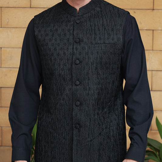 Crushed Jamawar Black Waistcoat