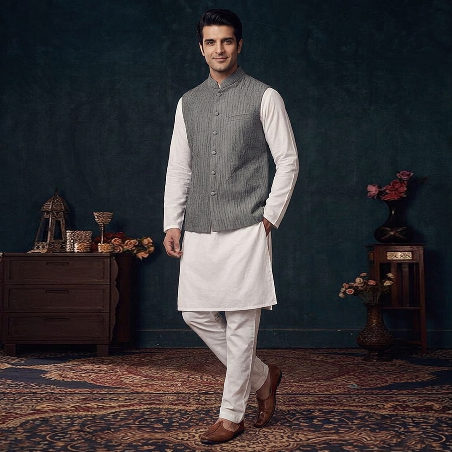 Crushed Jamawar Grey Waistcoat