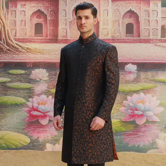 Premium Zari Karandi Jamawar Copper Black Couture Sherwani