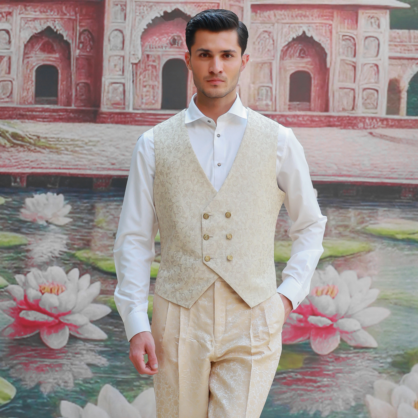 Zari Karandi Jamawar Creme Brulee V-Neck Waistcoat