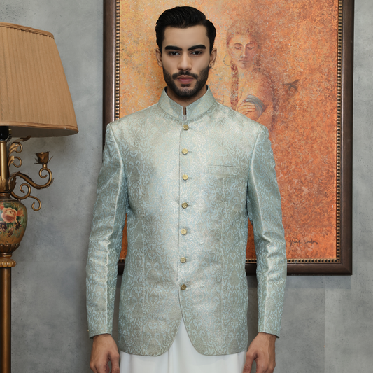 Premium Jamawar Pastel Blue Jacket
