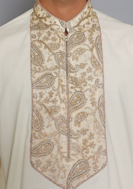 Festive Cream Emb Kurta Pajama