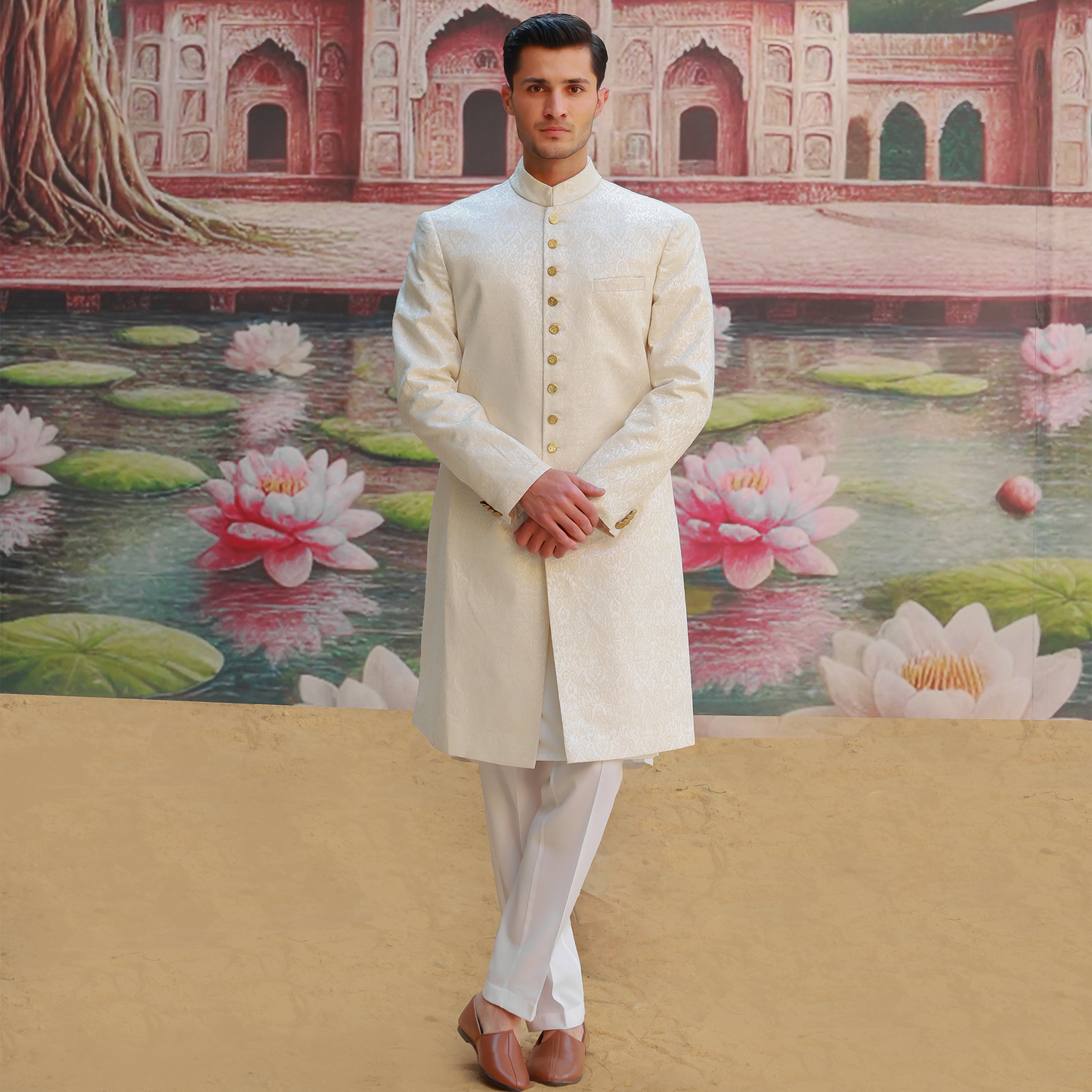 ZARI JAMAWAR Antique White SHERWANI