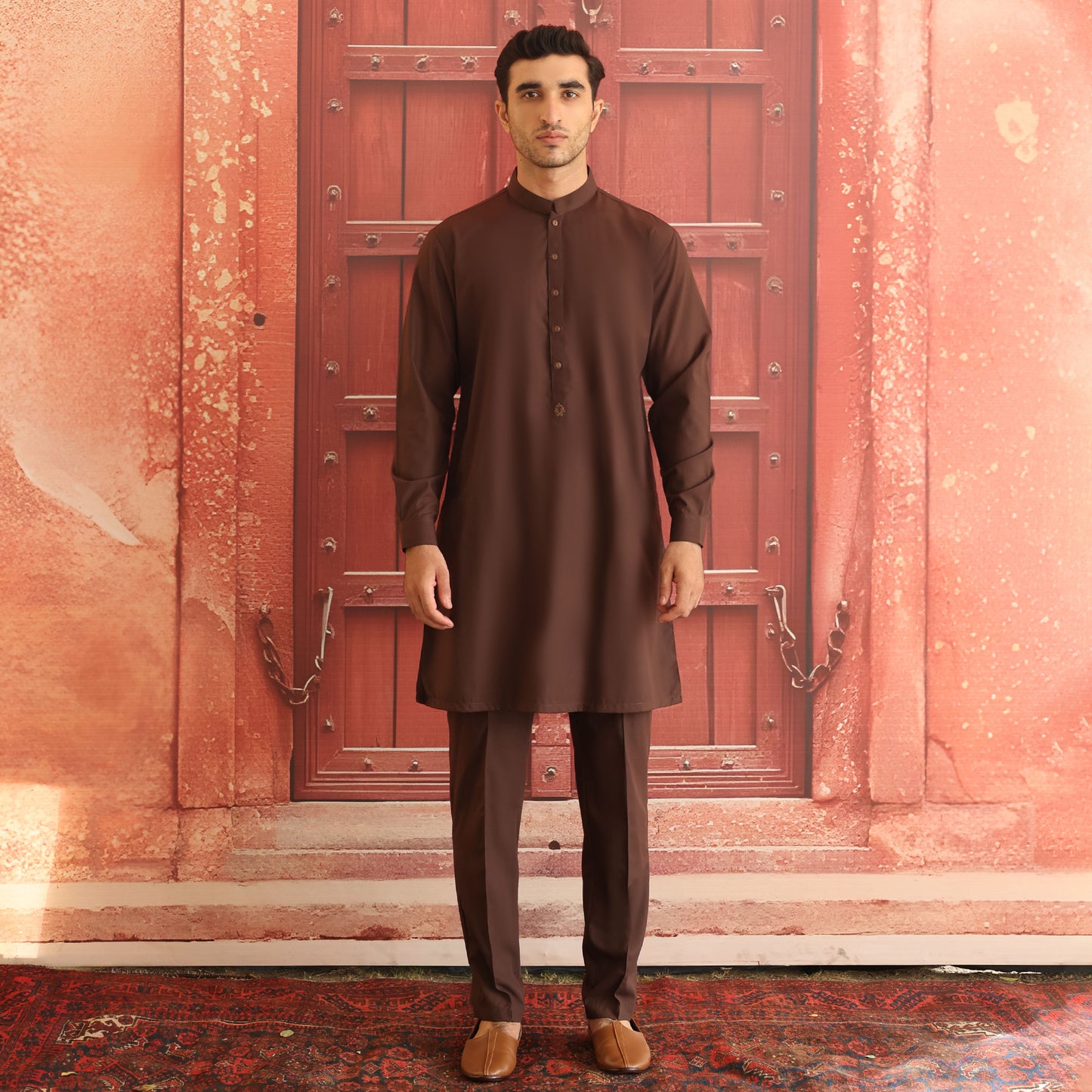 Poly Viscose Dark Brown Slim Fit Plain Suit