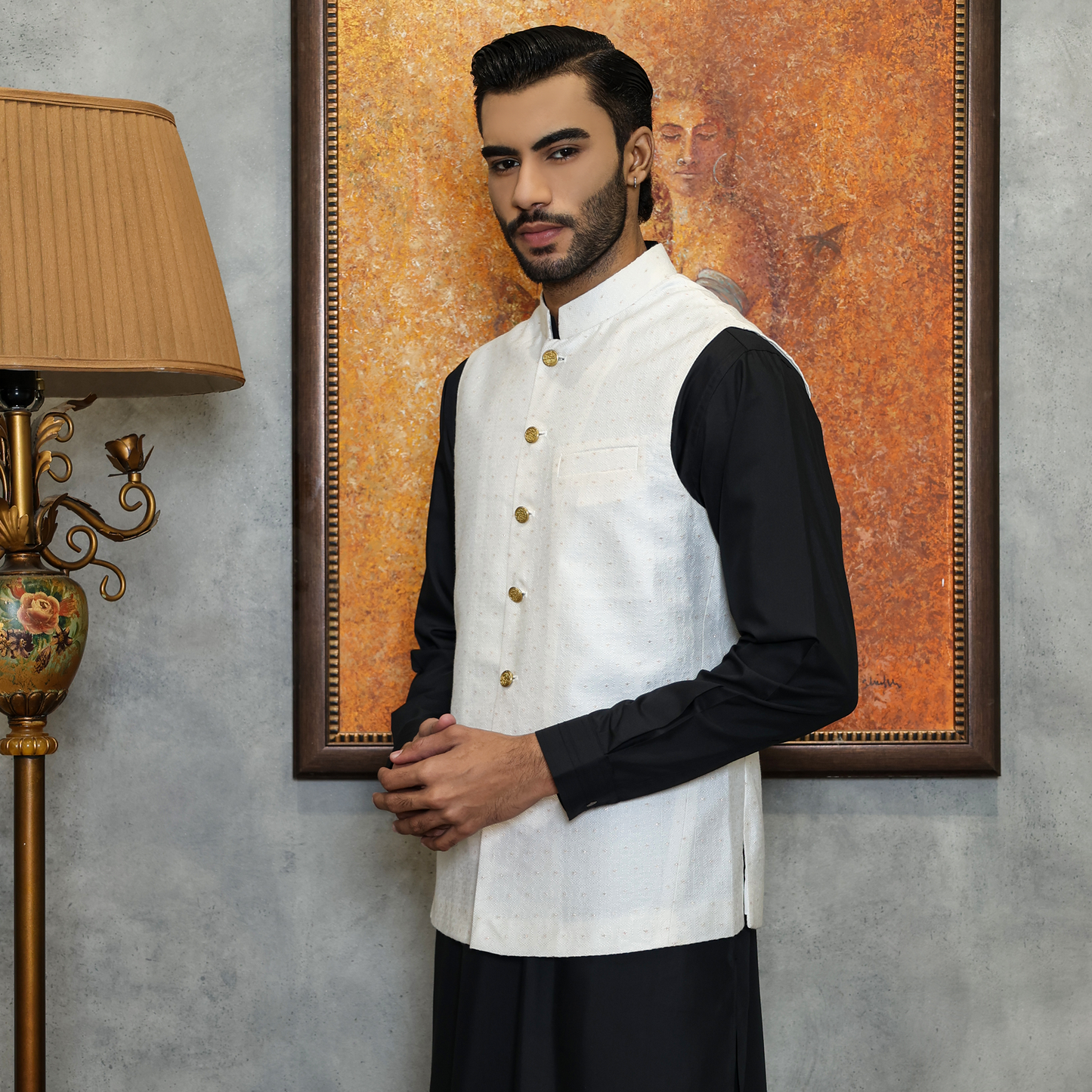 Premium Tanchoi White Traditional Waistcoat