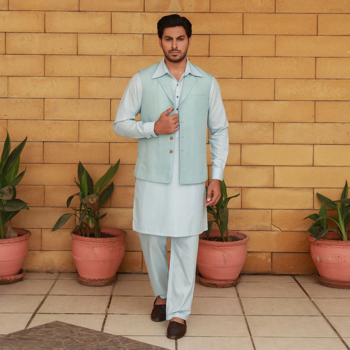 Raw Silk Baby Blue Traditional Waistcoat