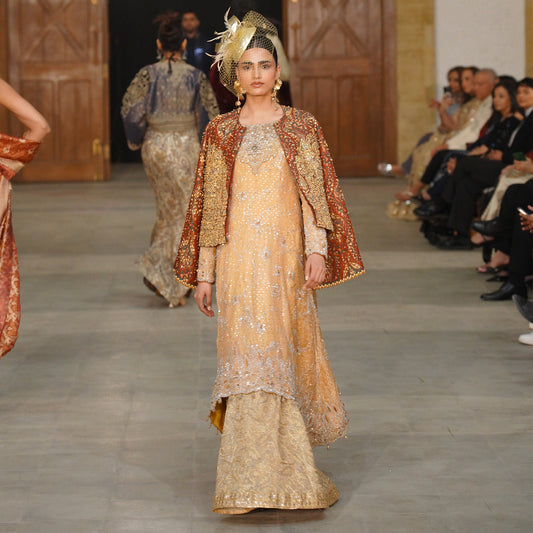 Gold Hand-Embroidered High-Low Shirt with Lehenga & Jamawar Jacket