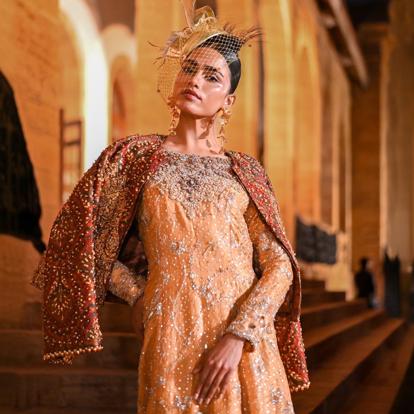 Gold Hand-Embroidered High-Low Shirt with Lehenga & Jamawar Jacket