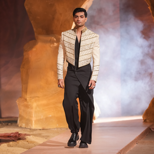 Hand-Embroidered Cropped Jacket with Origami Pants