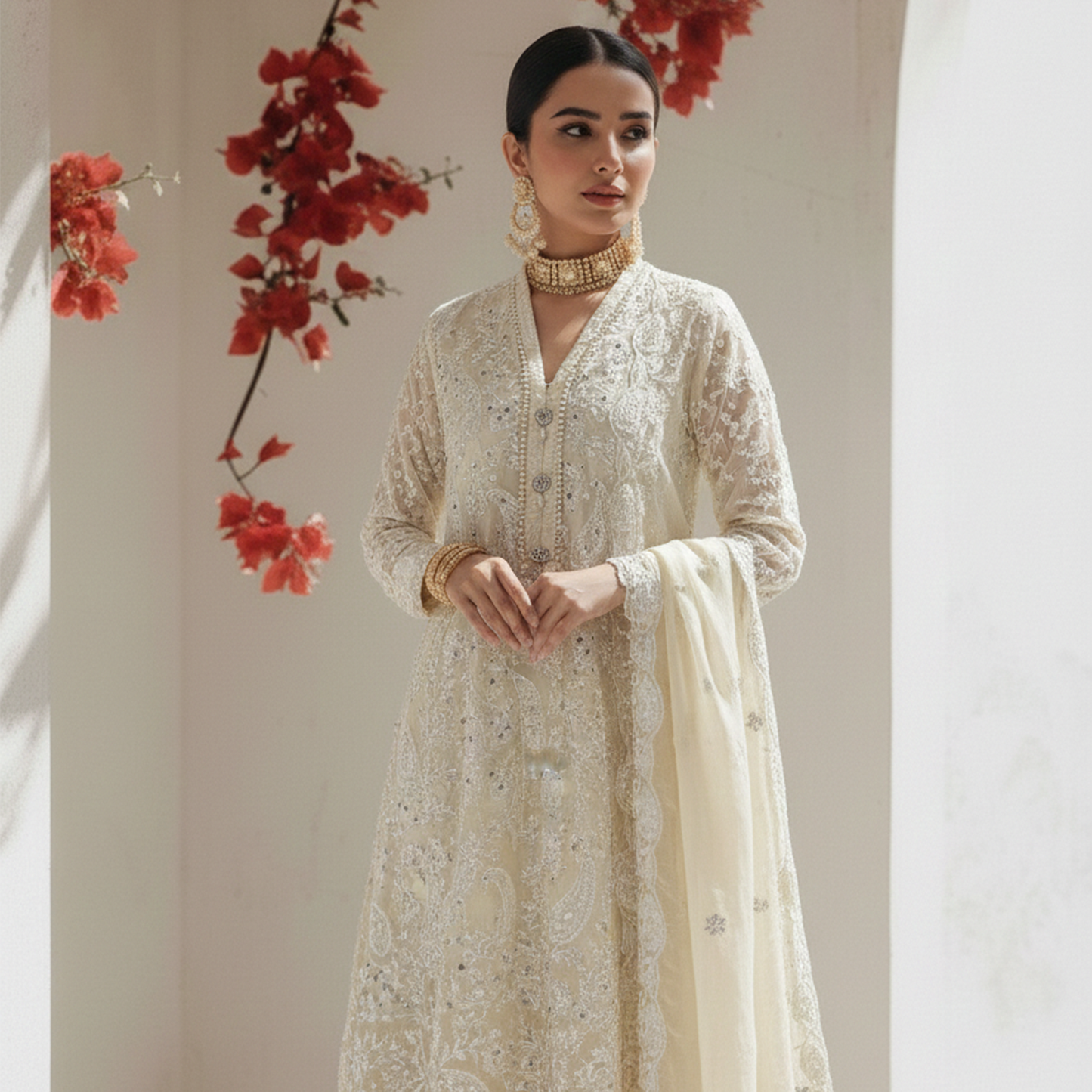 Ivory Paisley Emb 3 Pc Dress