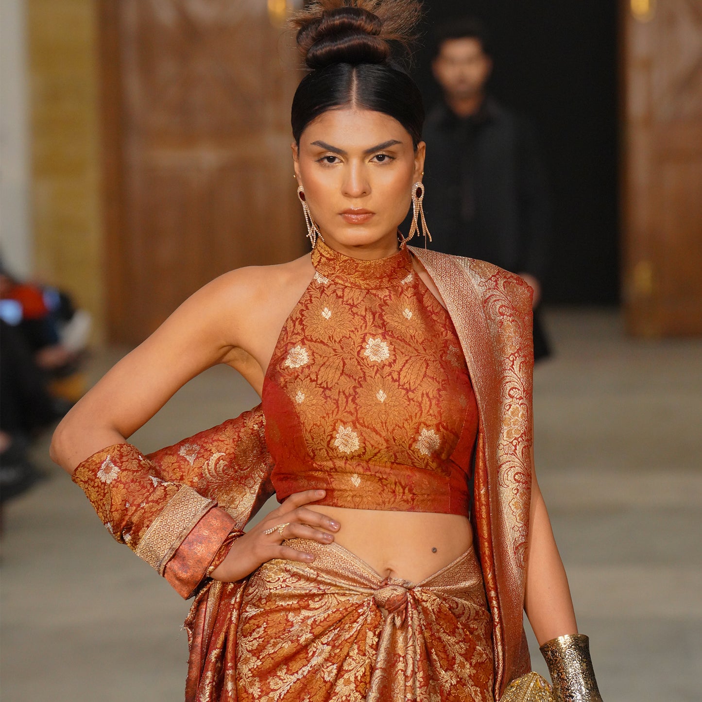 Maroon & Gold Jamawar Halter Neck Blouse with Dhoti Style Saree