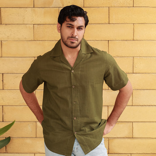 Men's Linen Olive Cuban Collar Shirt