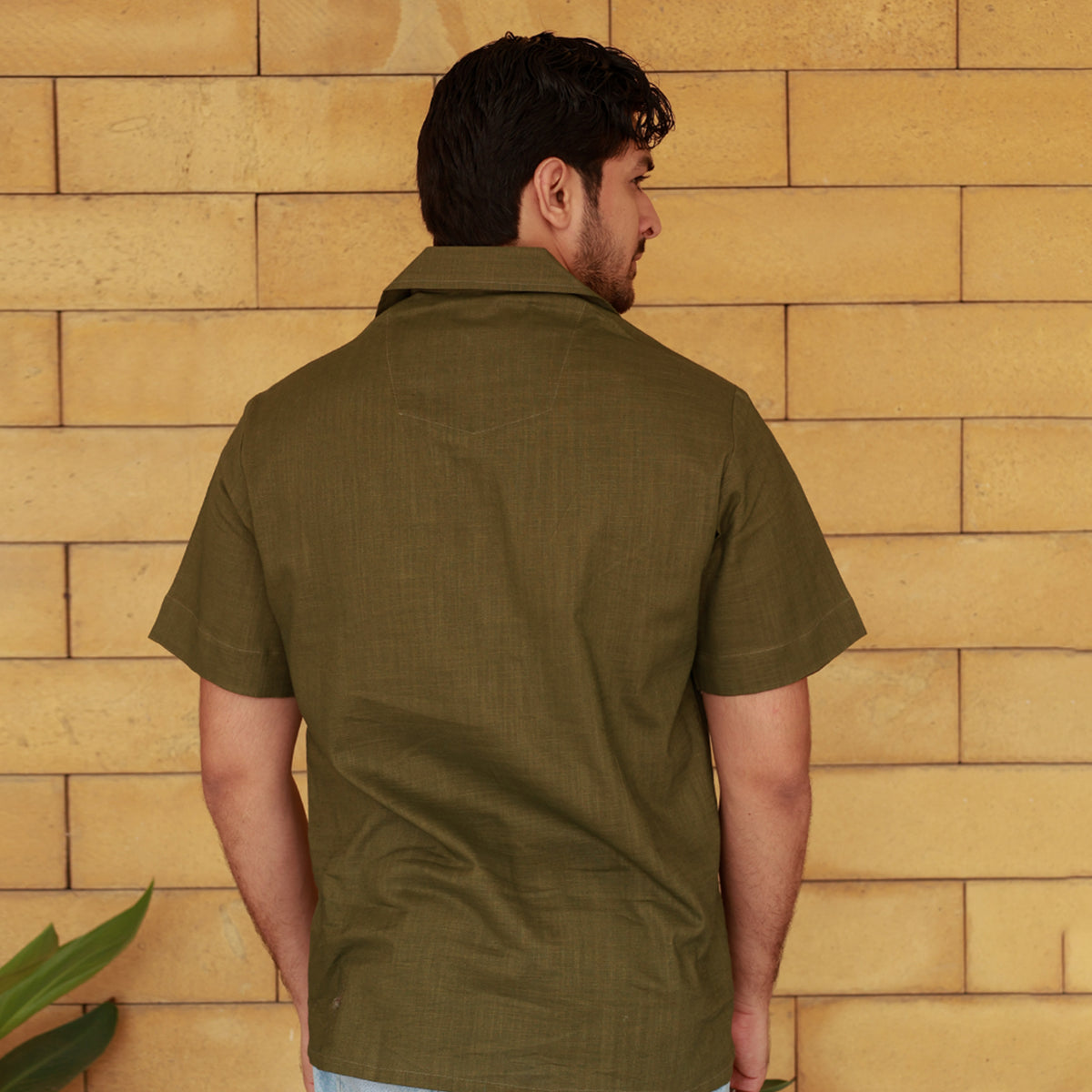 Men's Linen Olive Cuban Collar Shirt