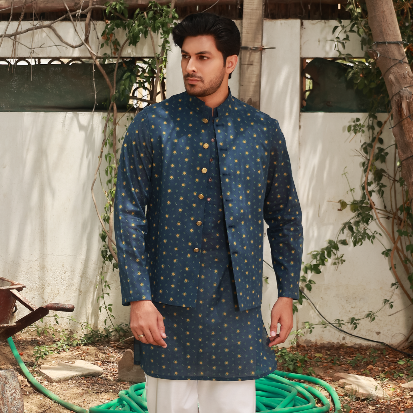 Men's Midnight Teal Pure Cotton Linen Kurta Set with Waistcoat & Wide Leg Trouser