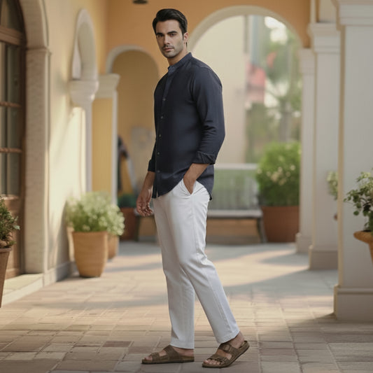 Men's Navy Blue Linen Plain Shirt