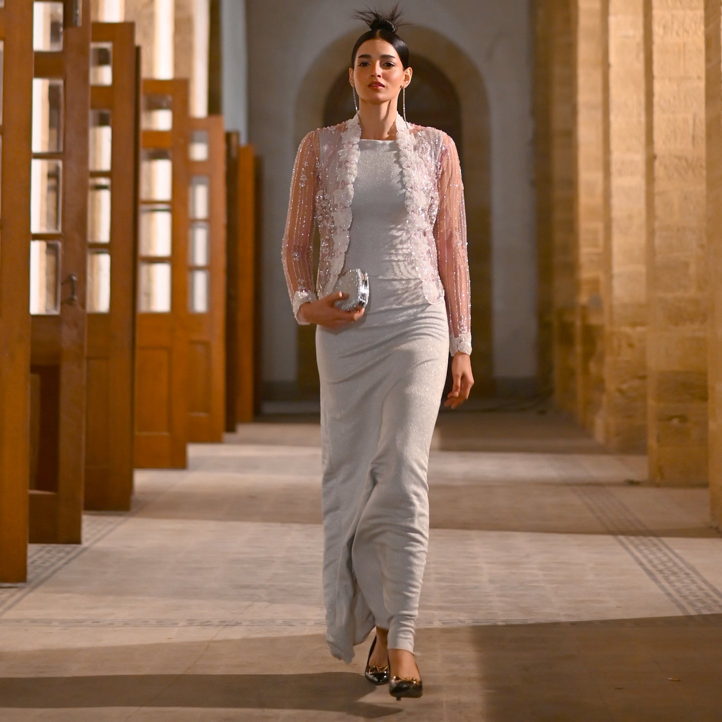 Moonlight Satin Evening Gown with Embroidered Pastel Jacket