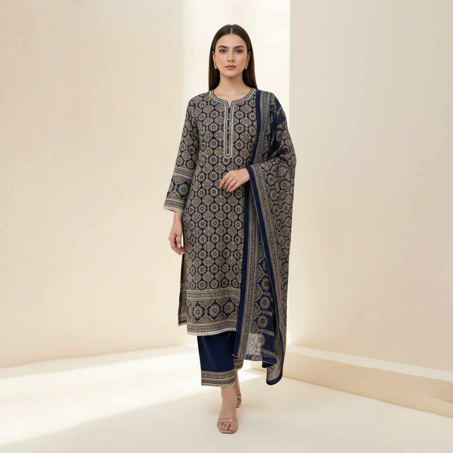 Navy Blue Ajrak Print silk 3 Pc Dress
