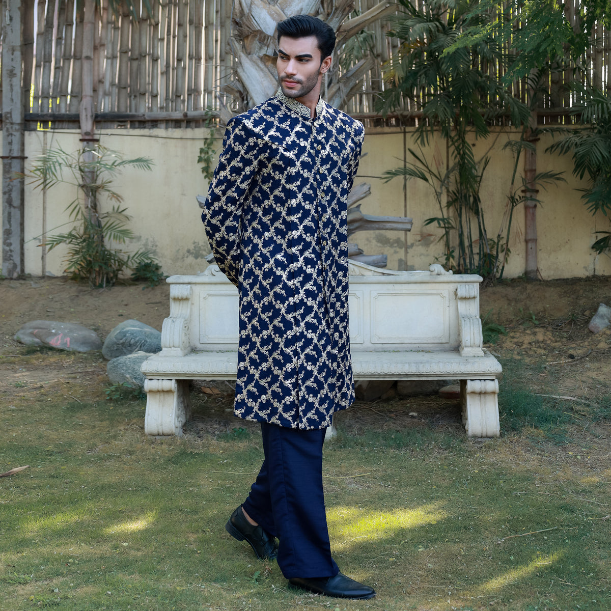 Navy Blue Sherwani Style Front Open Kurta Set