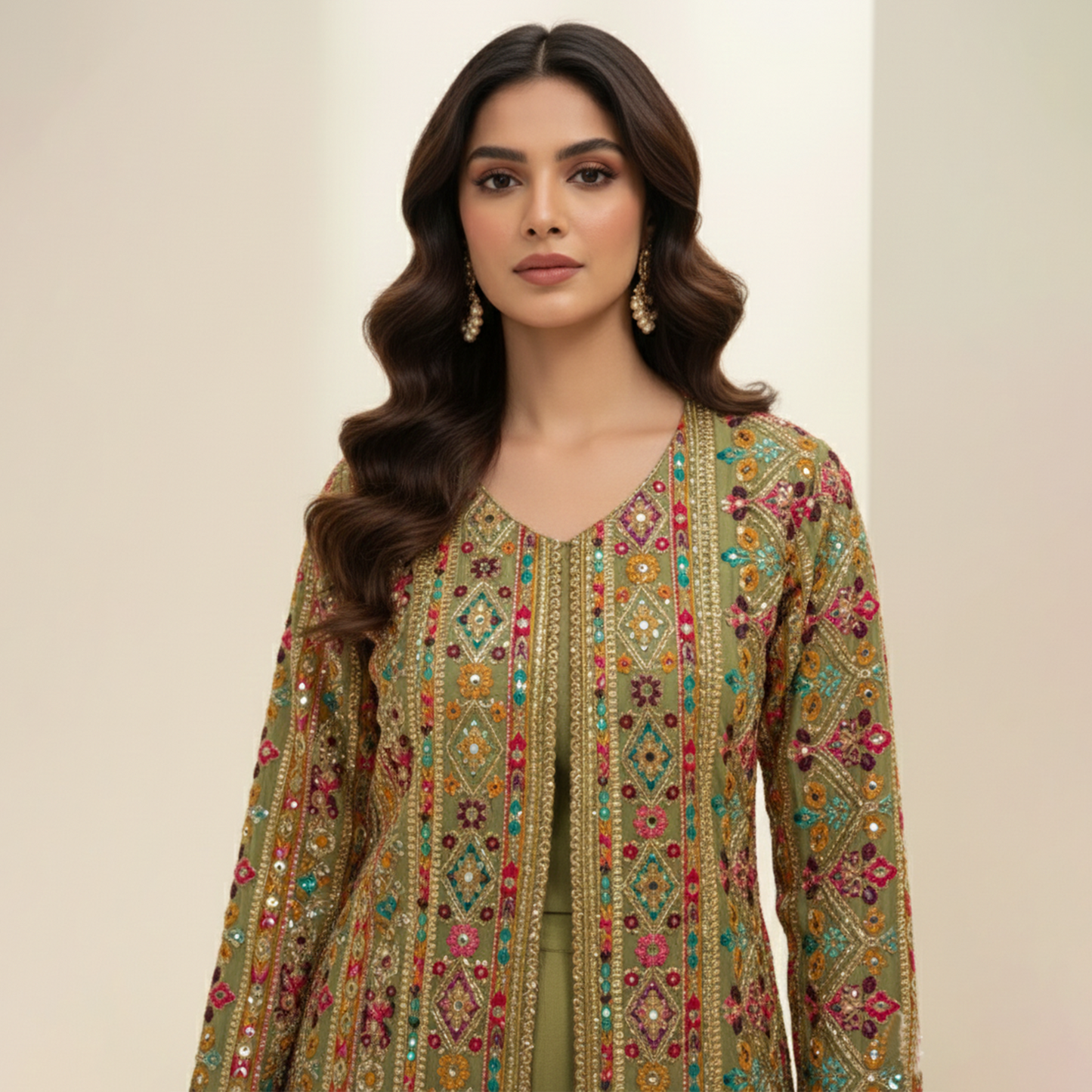 Olive Green Open-Front Emb Chiffon Jacket 2 Pc