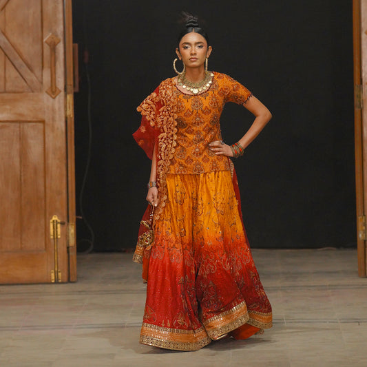 Orange Jamawar Embroidered Short Shirt with Ombre Lehenga & Net Dupatta