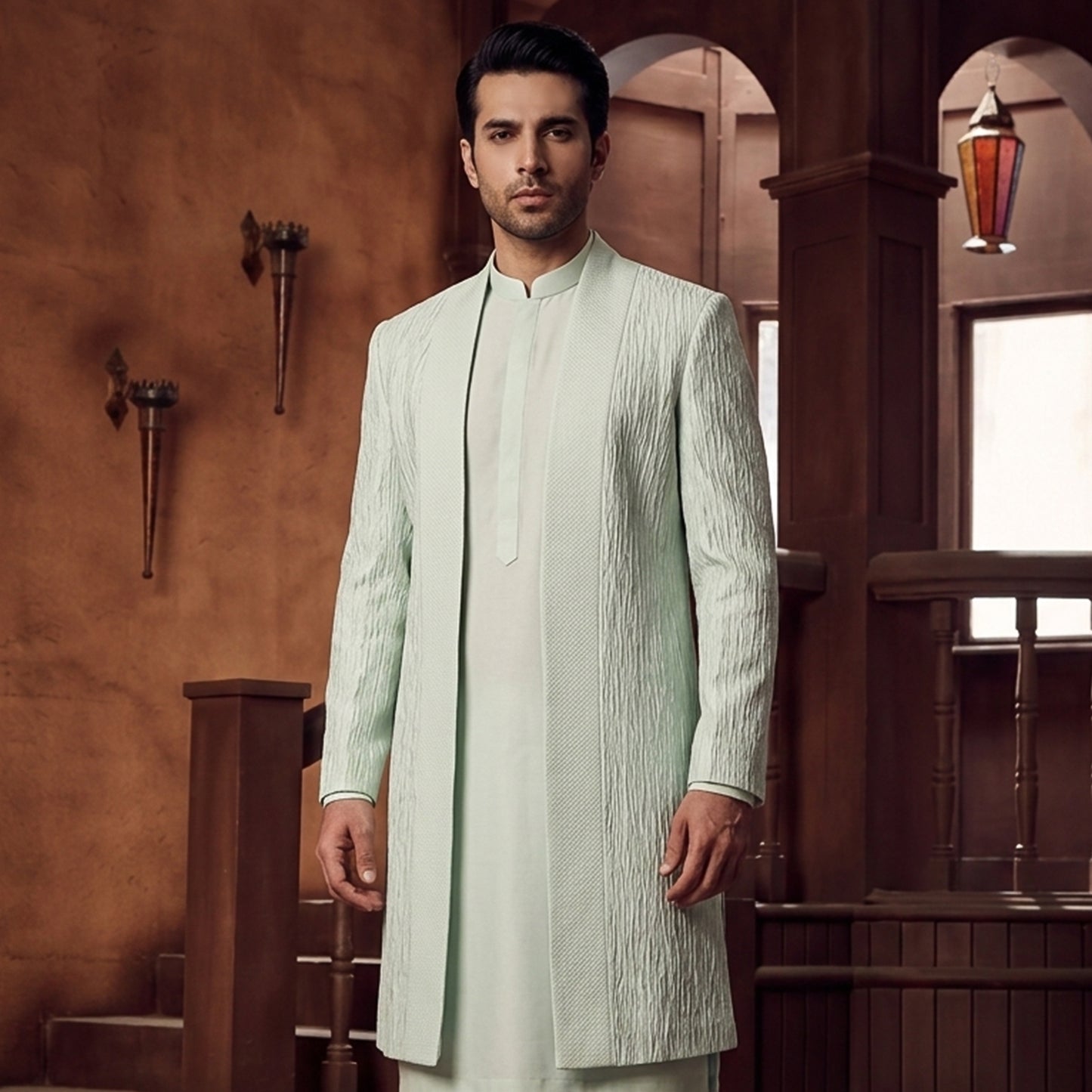 PV Band Collar Blue Shewani Sleeve Suit