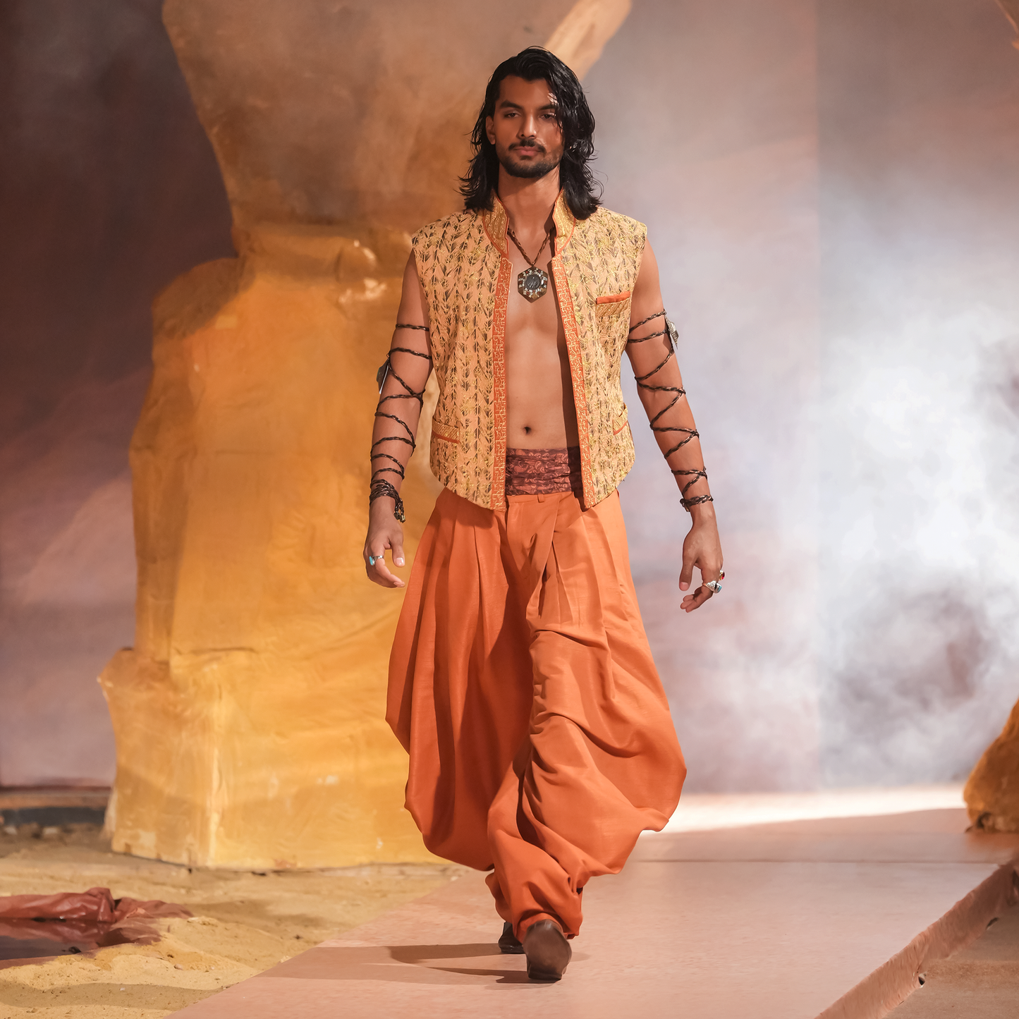 Pastel Pink & Gold Embroidered Waistcoat with Rust Cowl Shalwar