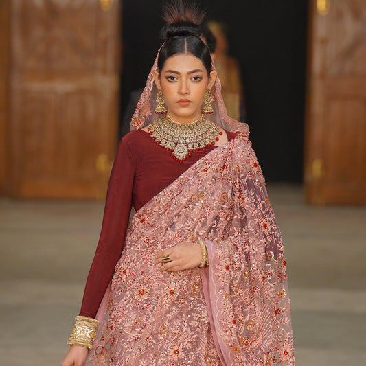 Pink Embroidered Saree with Maroon Boat Neck Blouse & Dupatta