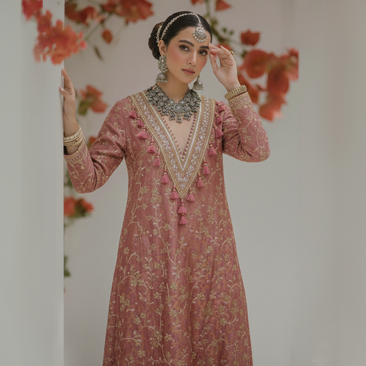 Pink Jamawar Embroidered Kaftan