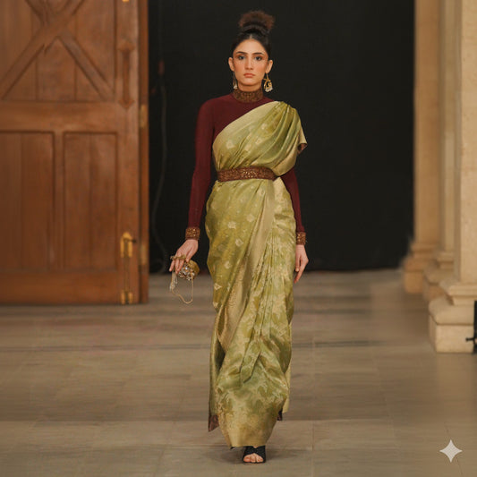 Pistachio Green Saree with Maroon Couture Blouse
