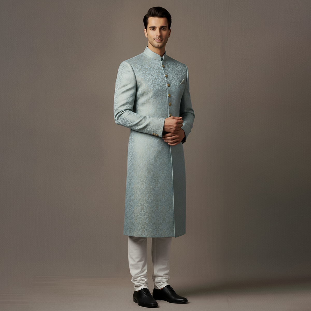 Premium Jamawar Pastel Blue Sherwani