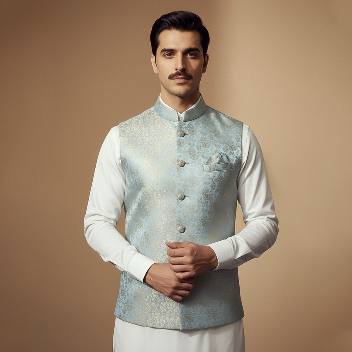 Premium Jamawar Pastel Blue Waistcoat