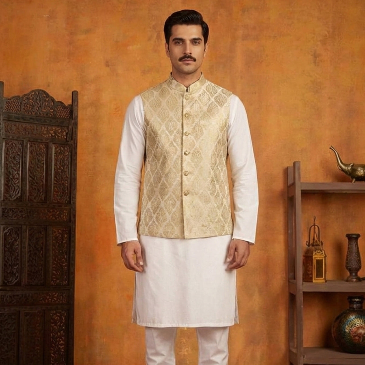 Premium Jamawar Silver Traditional Waistcoat