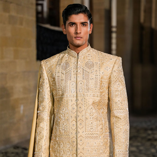 Premium Satin Beige Emb Sherwani