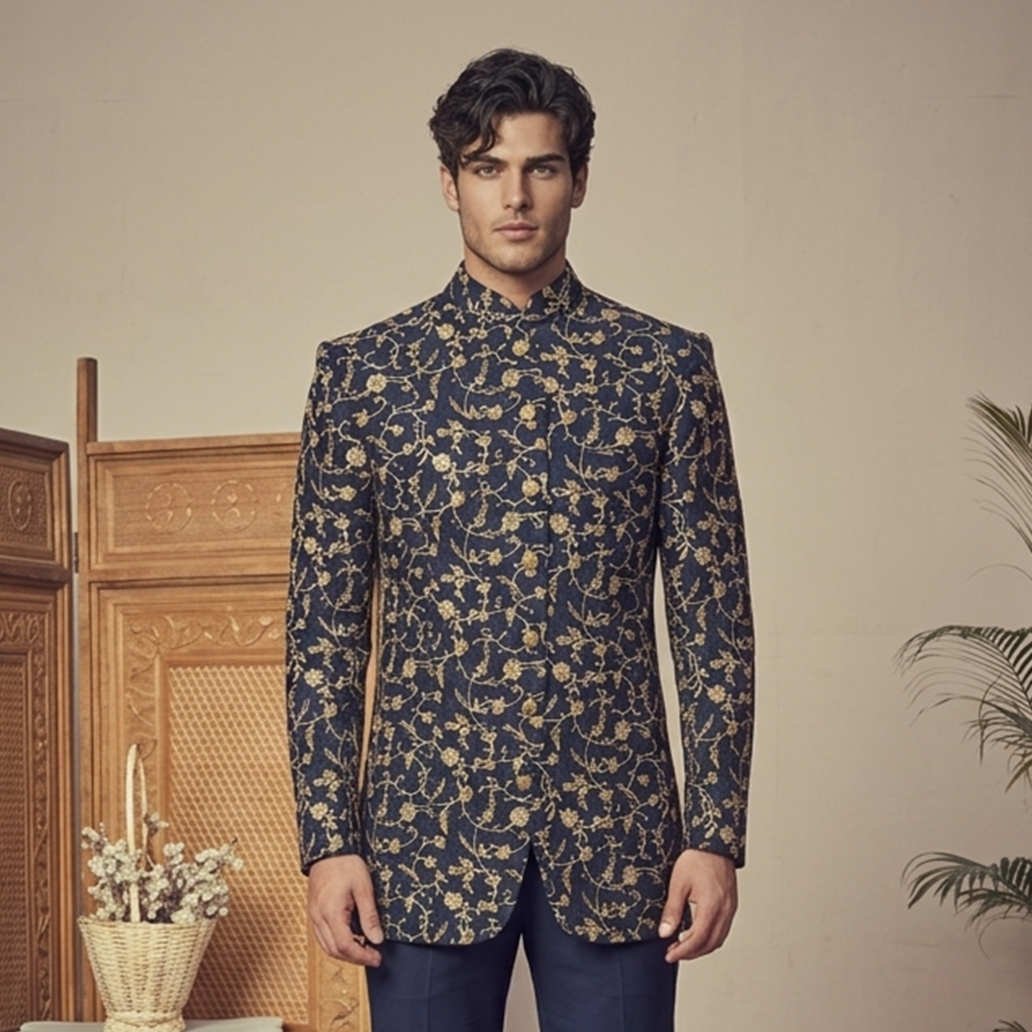 Premium Jamawar Blue Couture Jacket