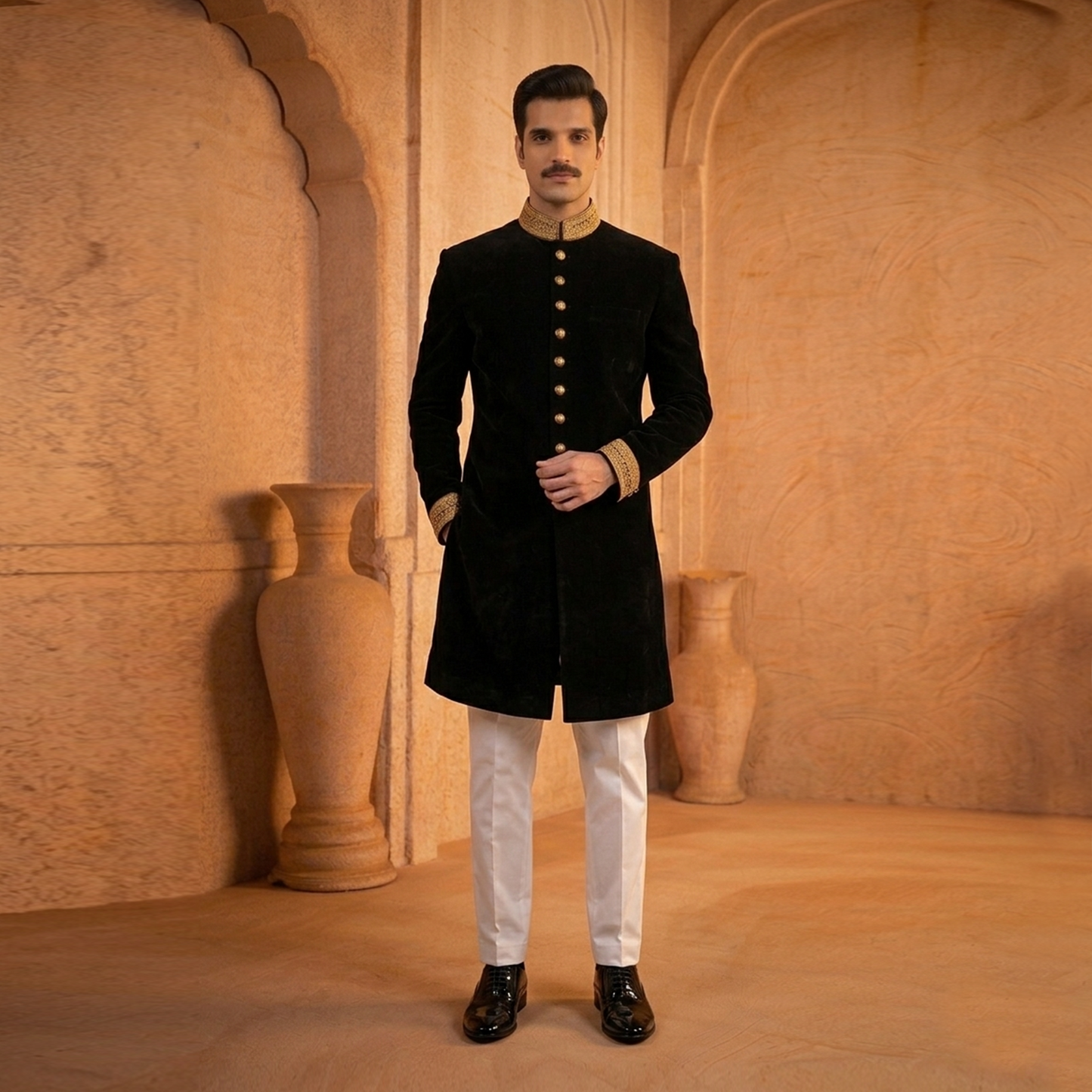 Premium velvet Black Traditional Sherwani