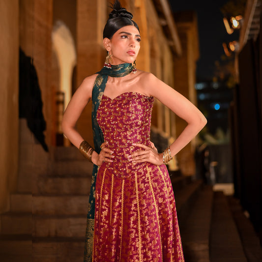 Purple Hand-Embroidered Jamawar Corset with Lehenga & Teal Dupatta