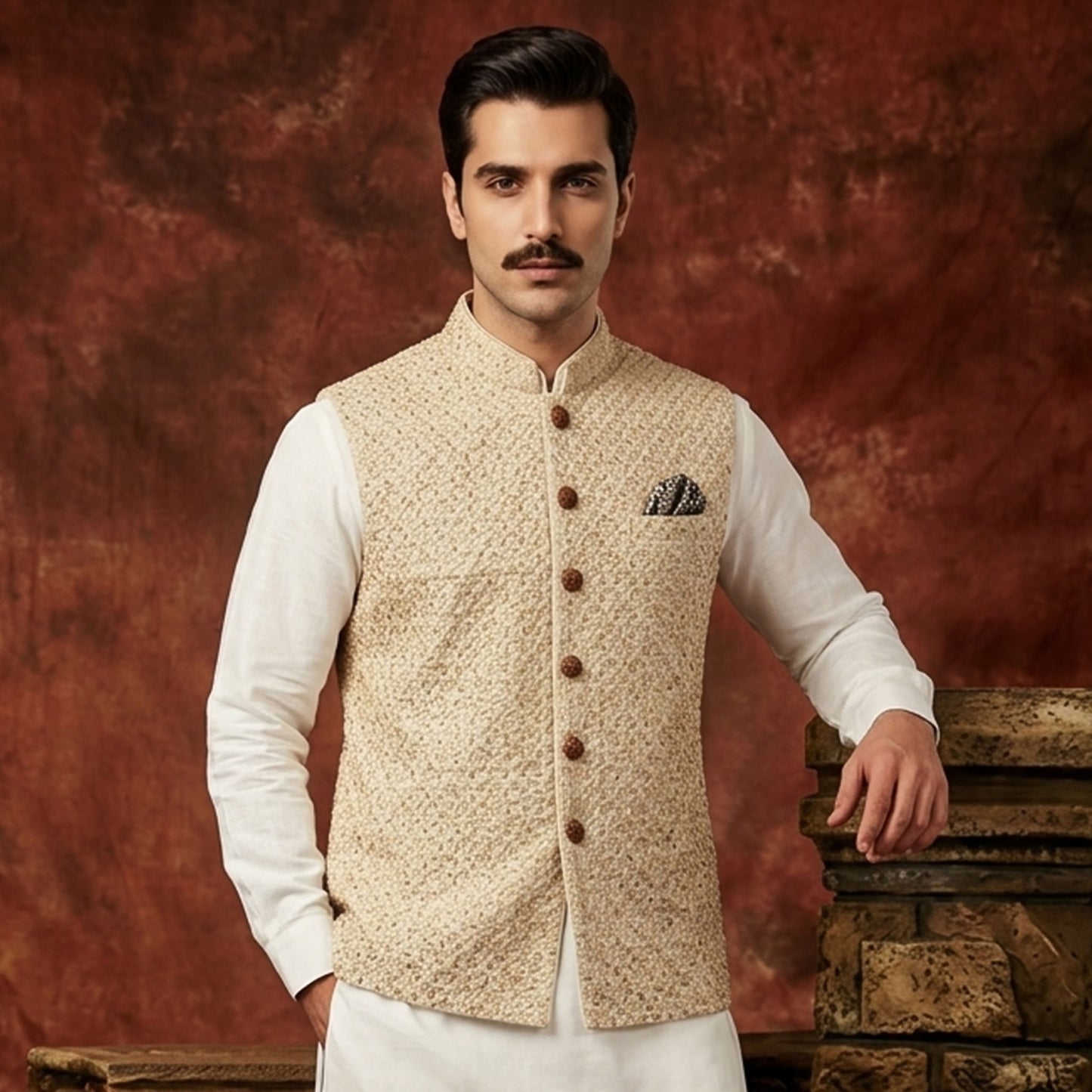 Raw Silk Cut Dana Emb Beige Couture Waistcoat