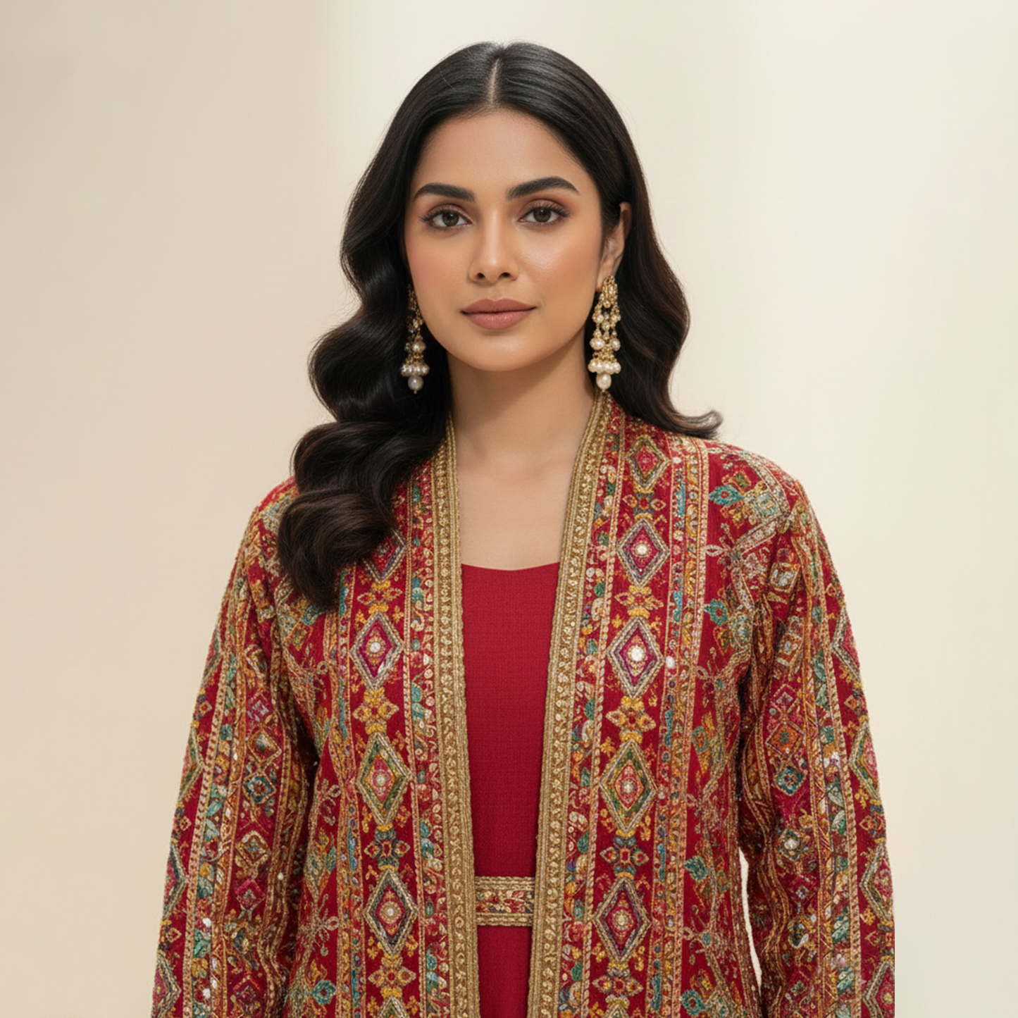 Red Open-Front Embroidered Chiffon Jacket 2 Pc