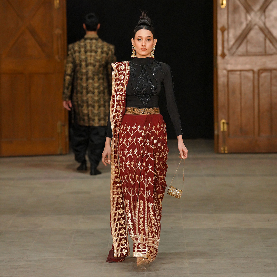 Red and Gold Draped Couture Saree with Embroidered Belt