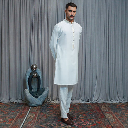 Slim Fit Cloud Dancer Emb Band Collar Suit