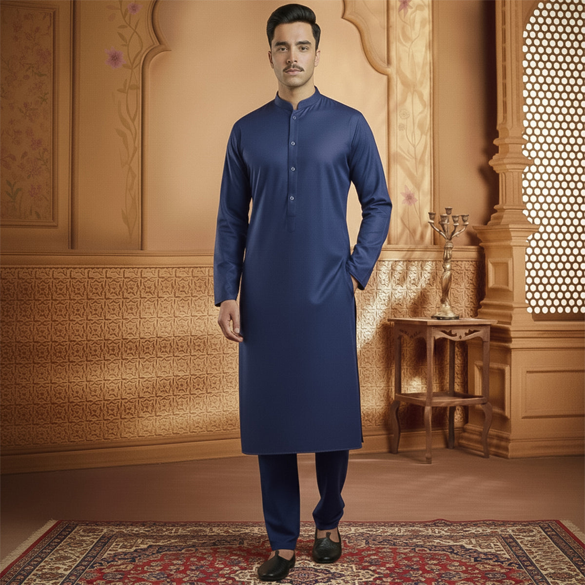 Slim Fit Outer Space Band Collar Plain Suit
