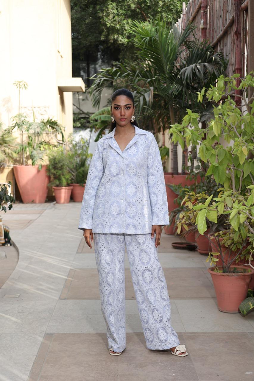 CHIKANKARI COTTON BLUE GREY 2PC
