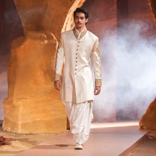 White Woven Jamawar Sherwani with Hand Embroidery and Signature MF Collar
