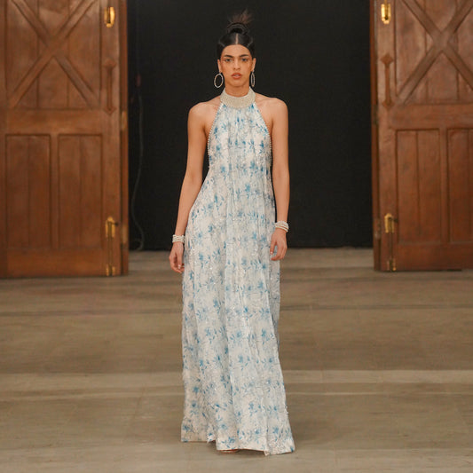 White and Blue Lava Silk Halter Couture Gown