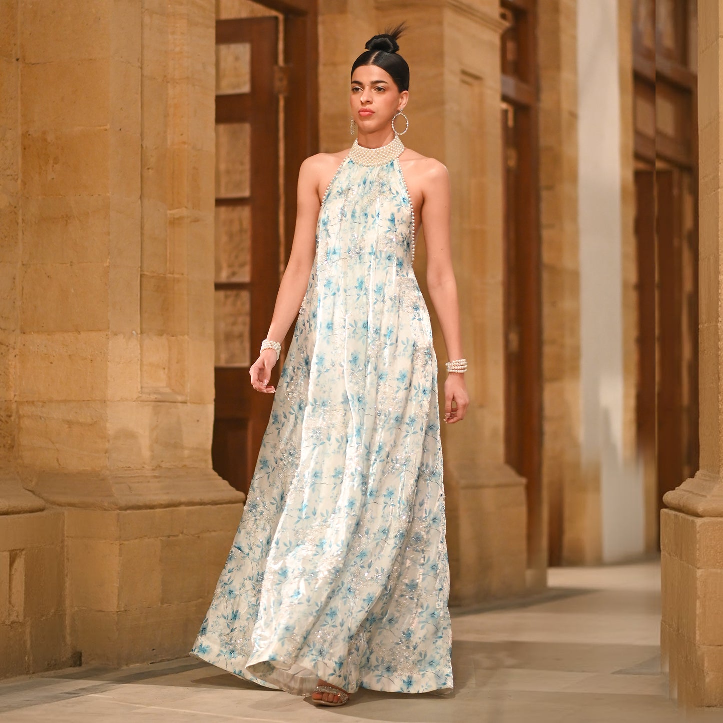 White and Blue Lava Silk Halter Couture Gown