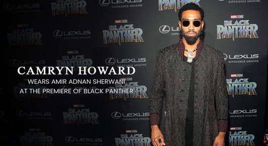 Camryn Howard wears Amir Adnan sherwani at the premiere of Black Panther