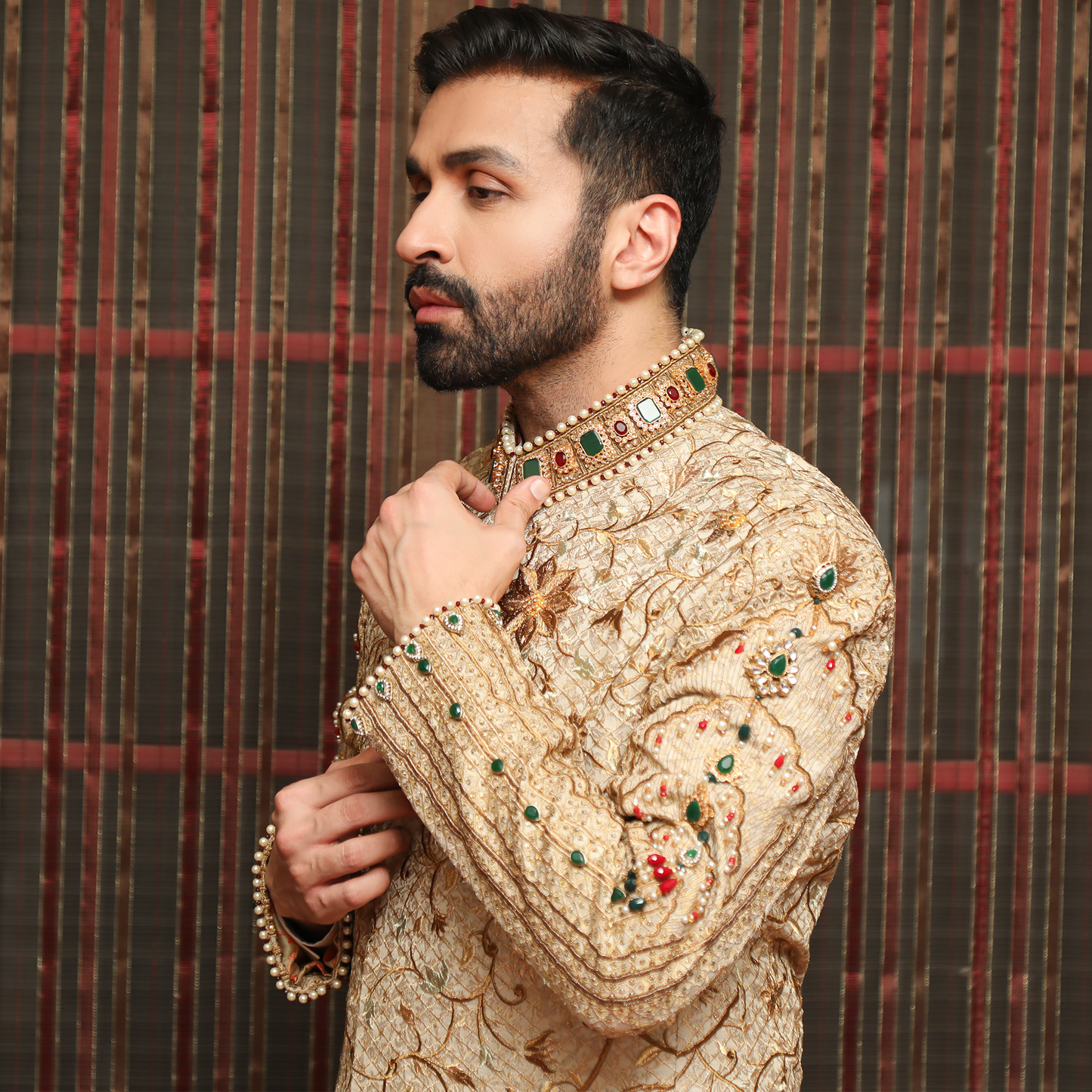 Premium Jamawar Light Gold Sherwani with Jewel and Stone work